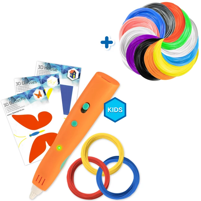 Kids 3D-Pen Starter Kit - Orange - Combodeal with PCL Filament Package - 12 Colours
