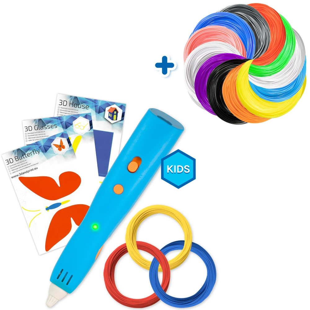 Kids 3D-Pen Starter Kit - Blue - Combodeal with PCL Filament Package - 12  Colours