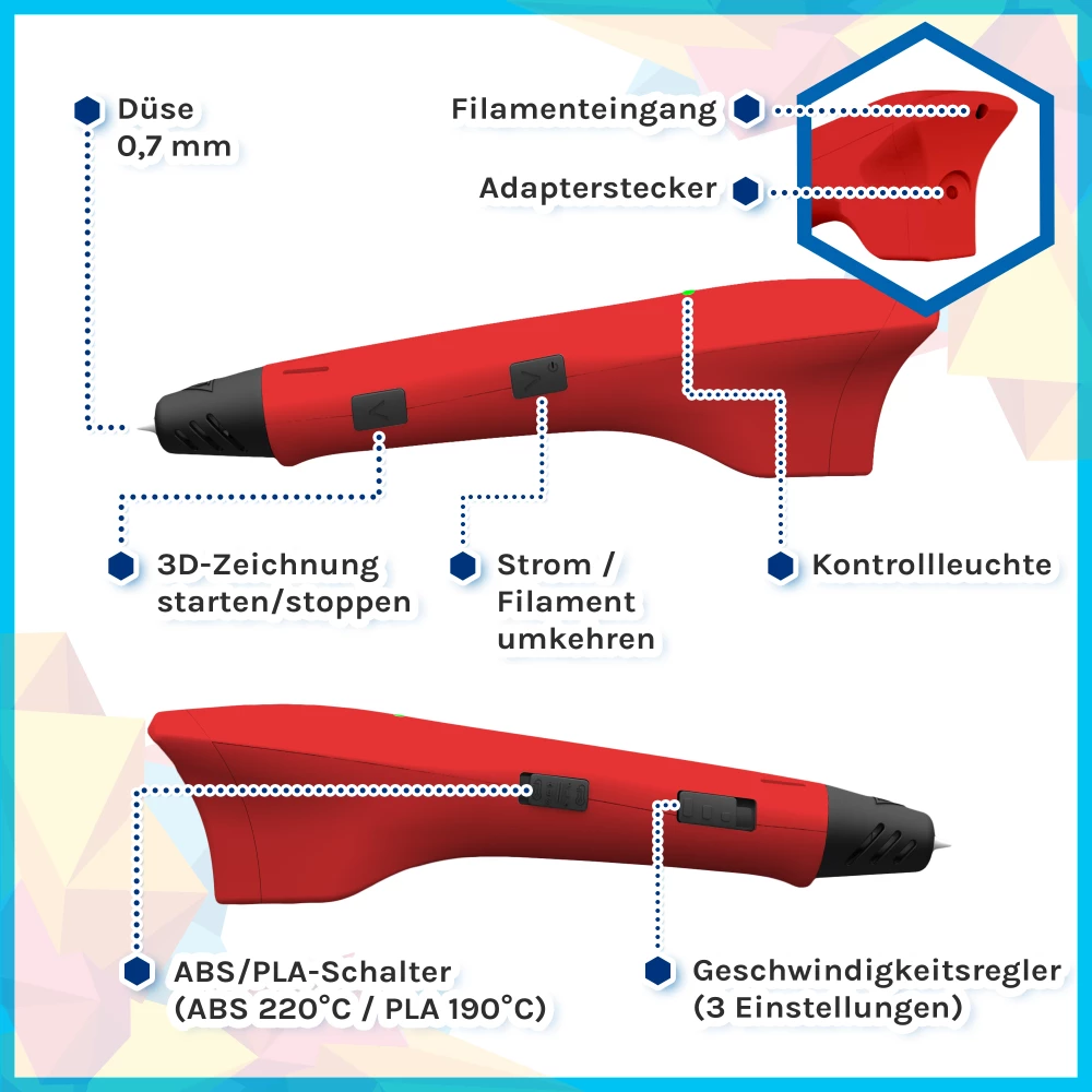 3D Stift Anfängerpaket - Rot – Kombiangebot mit Filamentpaket – 6 Farben - 10