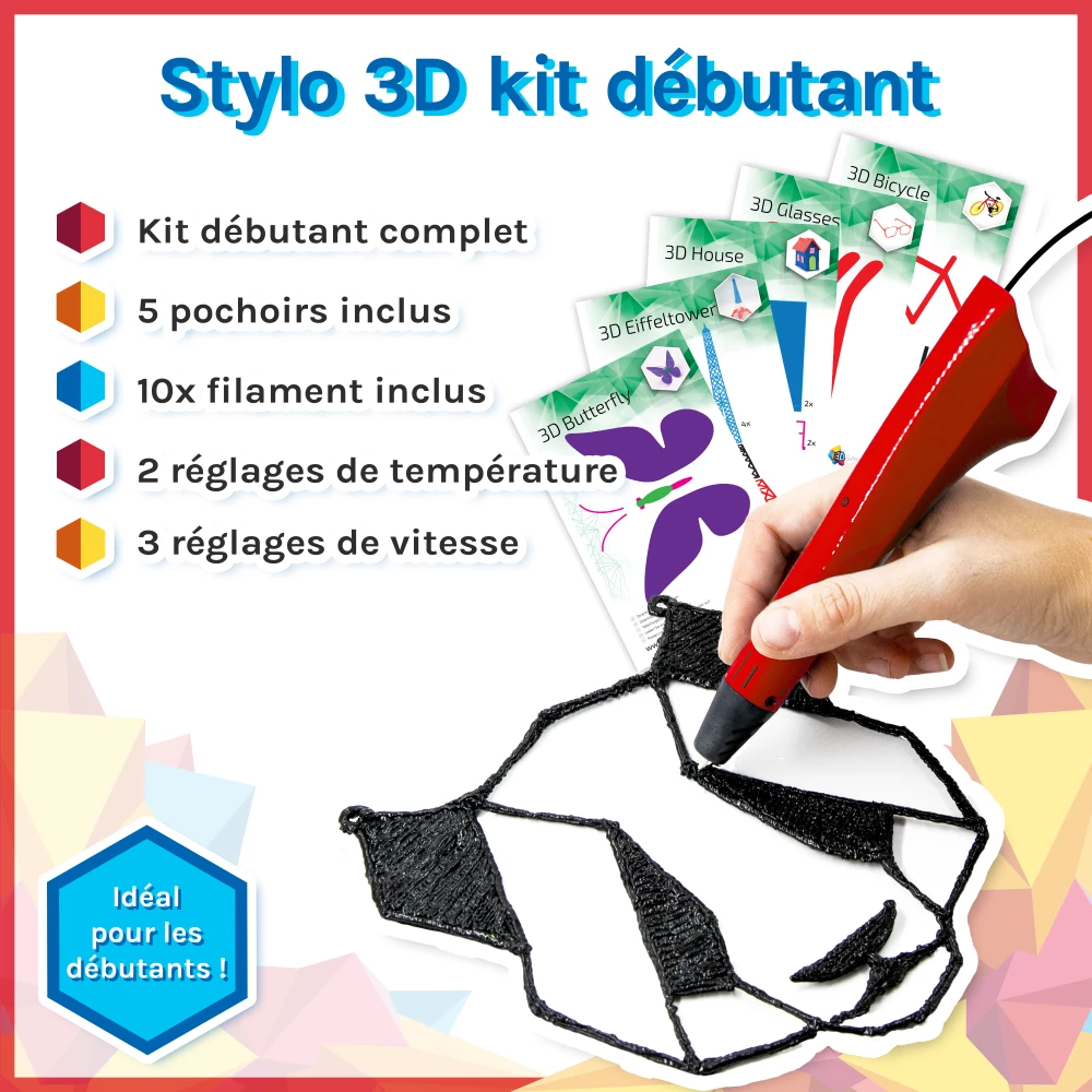 Stylo 3D Kit Débutant - Noir - Combodeal avec Paquet de Filaments - 9 couleurs